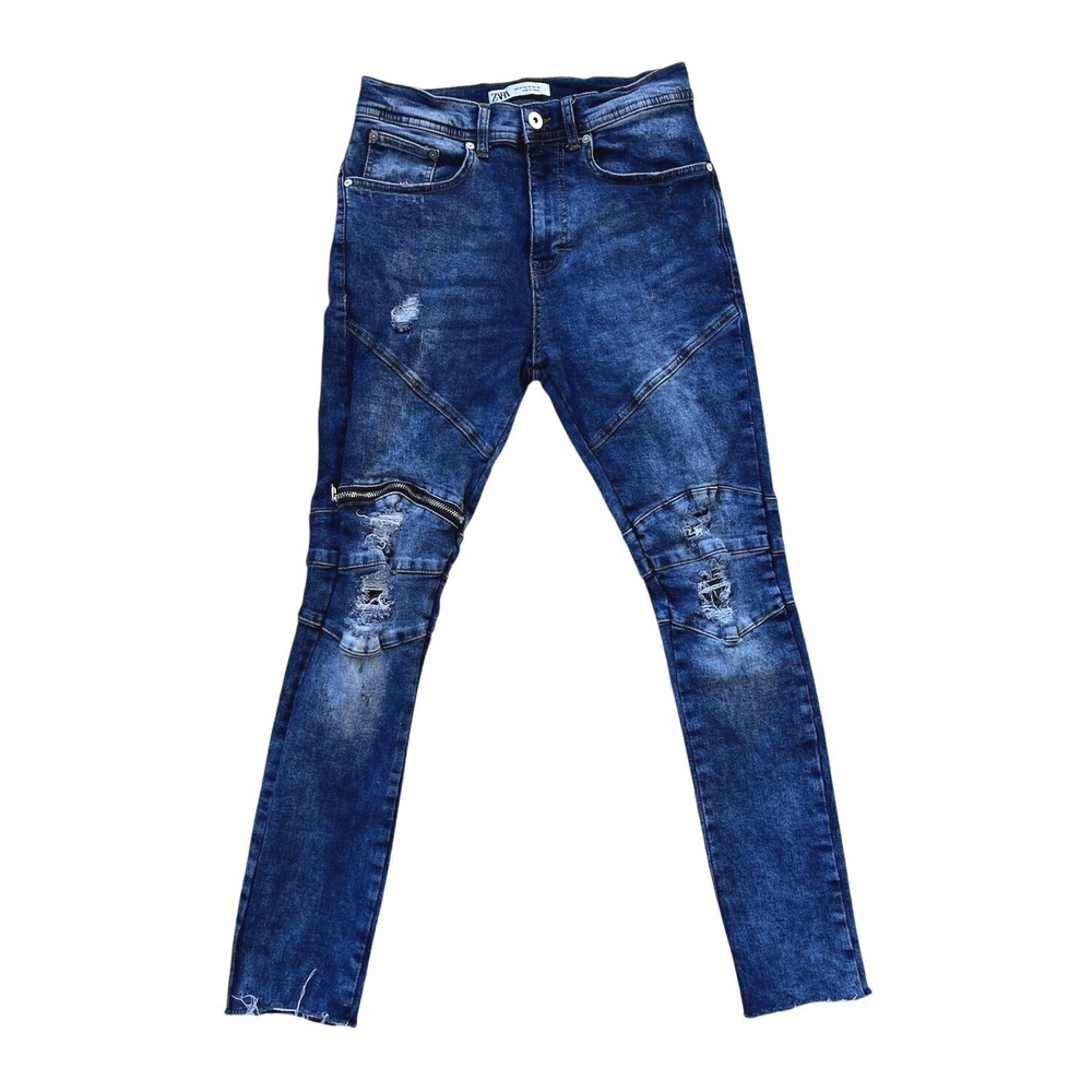 Zara Man Grunge Biker Jeans Distressed Knee Zip Detail Dark‎ Wash Denim Size 30